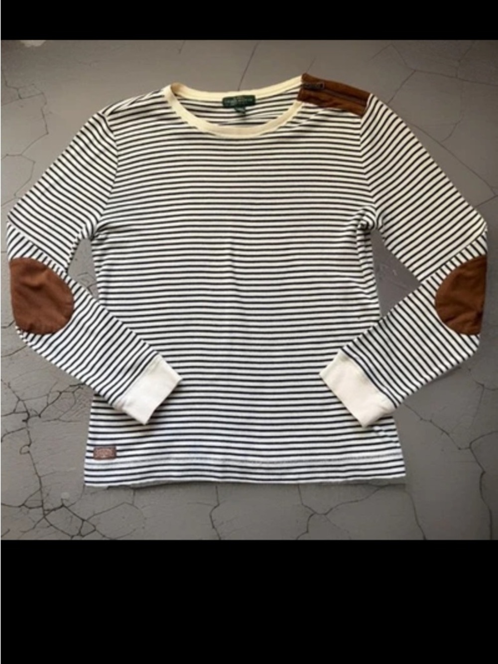 LAUREN JEANS CO Top Large Striped Long Sleeve Knit Faux Suede Elbow Patches Zip